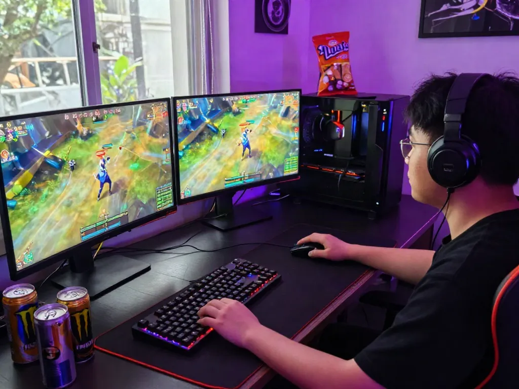Exciting gaming setup with a player engaging in Warung168 game, featuring dual monitors and gaming gear.