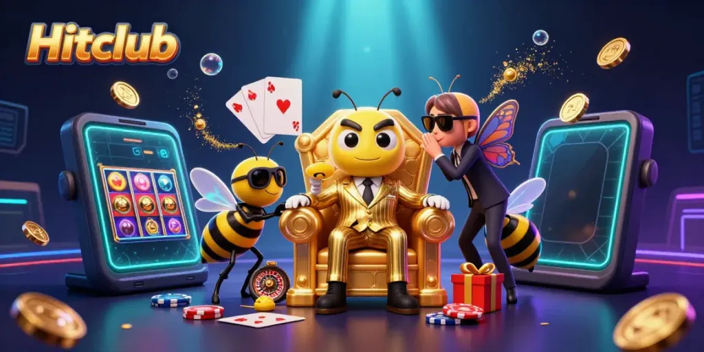 Hitclub showcases a vibrant 3D scene of a mob boss, wasp bodyguards, and slot games spilling riches.