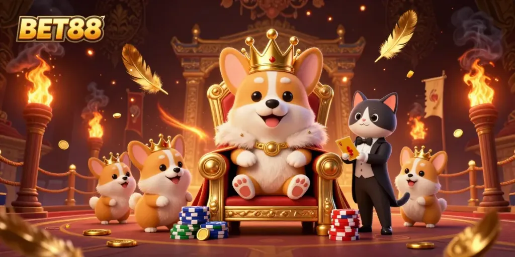 Experience the excitement with BET88, featuring a royal corgi on a throne surrounded by golden gaming elements.