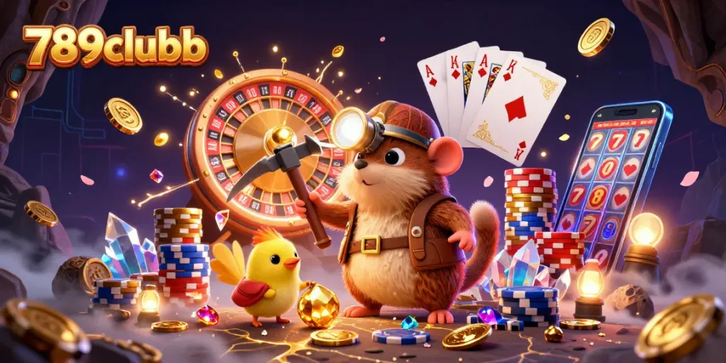 Play thrilling games at 789clubb with colorful coins and poker chips flying in a vibrant casino scene.