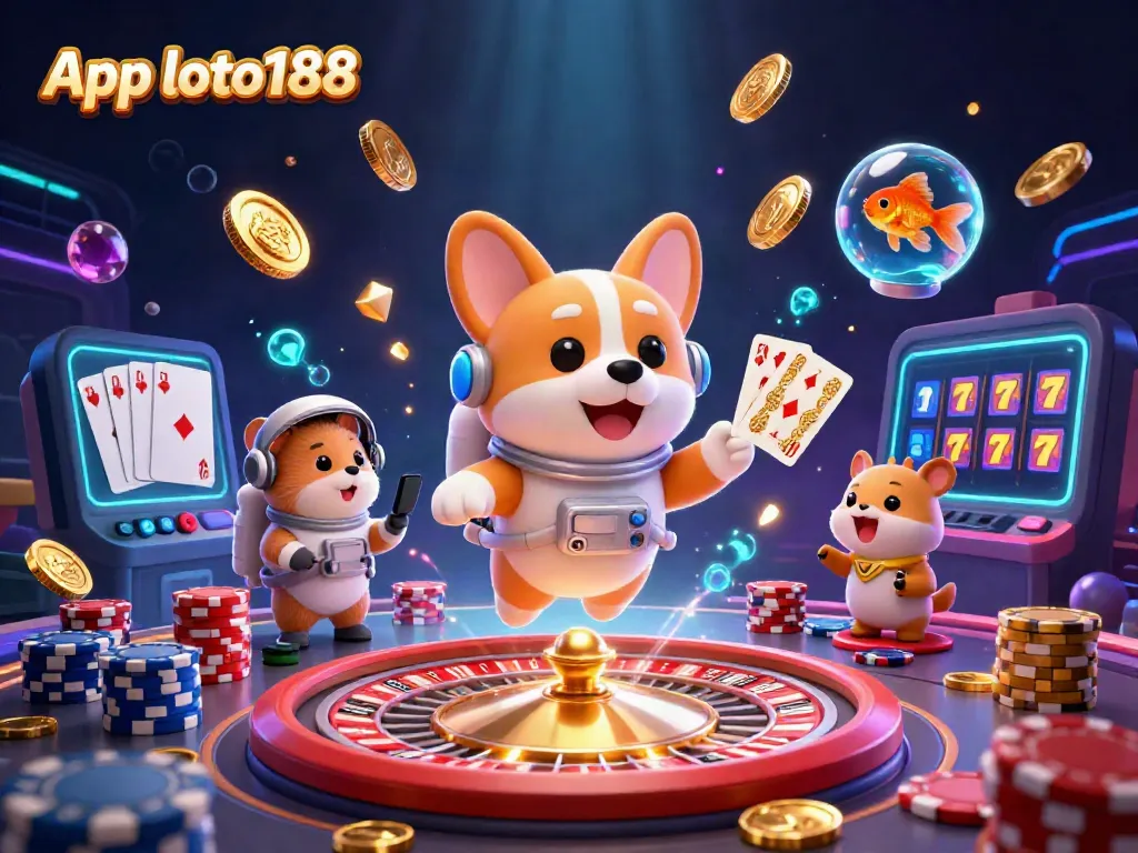 Experience excitement with App loto188, a 3D casino illustration featuring a floating astronaut corgi, poker chips, and roulette.