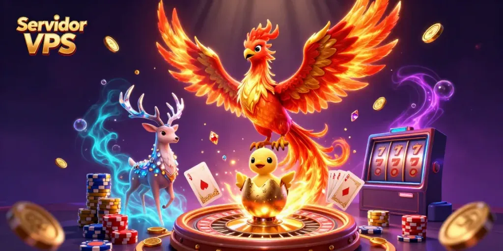 Engage with mesmerizing Servidor VPS graphics showcasing a phoenix, chick, and stag amidst a vibrant casino scene.