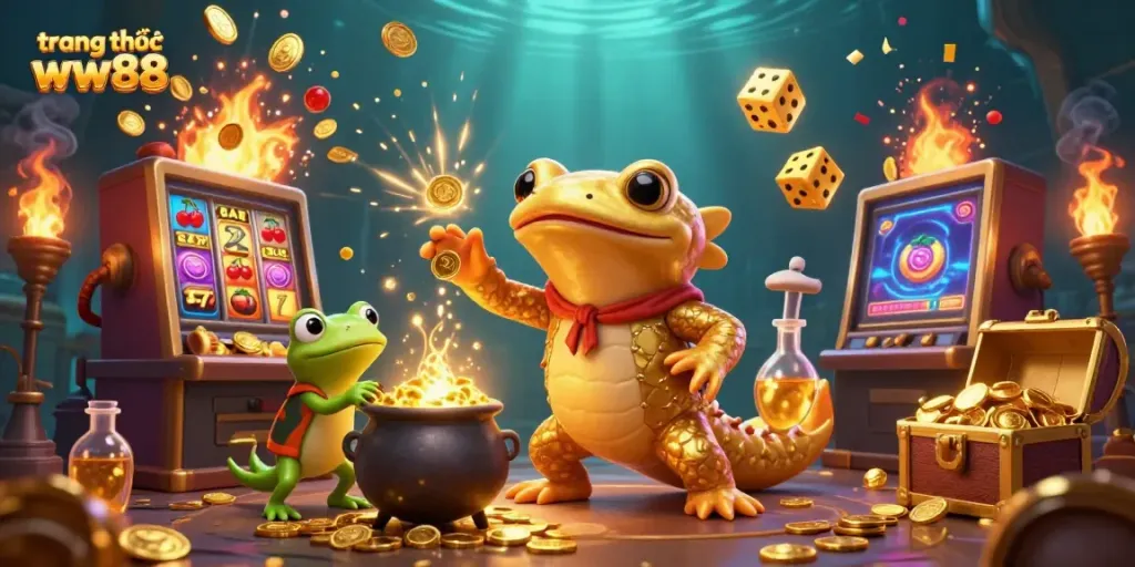 Experience the vibrant world of trang chủ ww88 with gold coins, slot machines, and magical elements.