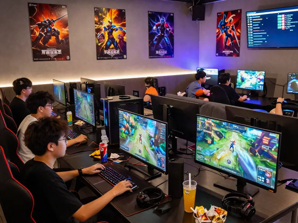 Engaged gamers enjoying garuda404 platform at a lively café.