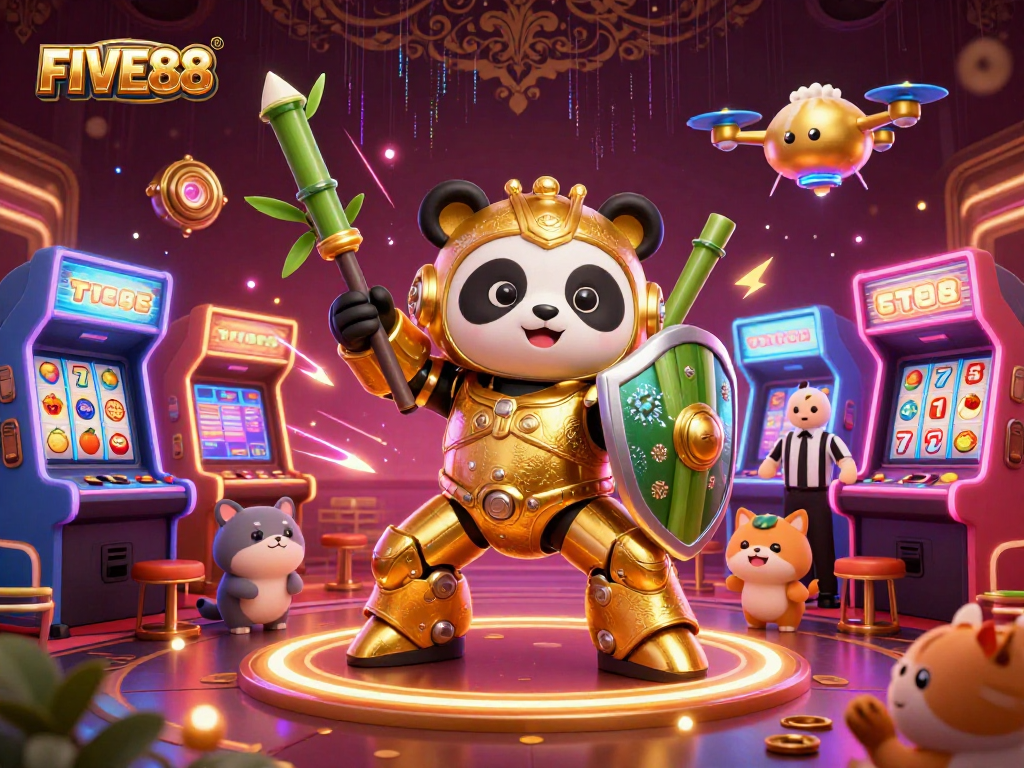 Engage in exciting jackpots with FIVE88's vibrant 3D casino arena filled with colorful slot machines and lively characters.