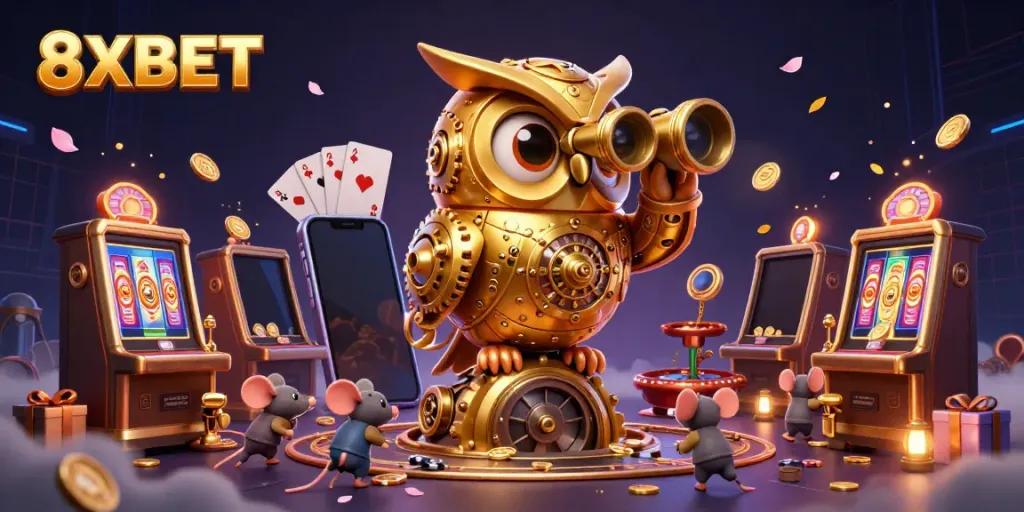 Experience vibrant winnings at 8XBET with a golden owl in a lively casino setting.