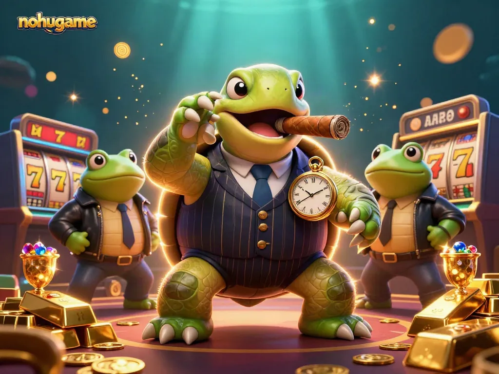 Nohugame showcases a vibrant 3D casino scene where characters enjoy dynamic gaming surrounded by treasures and jackpots.