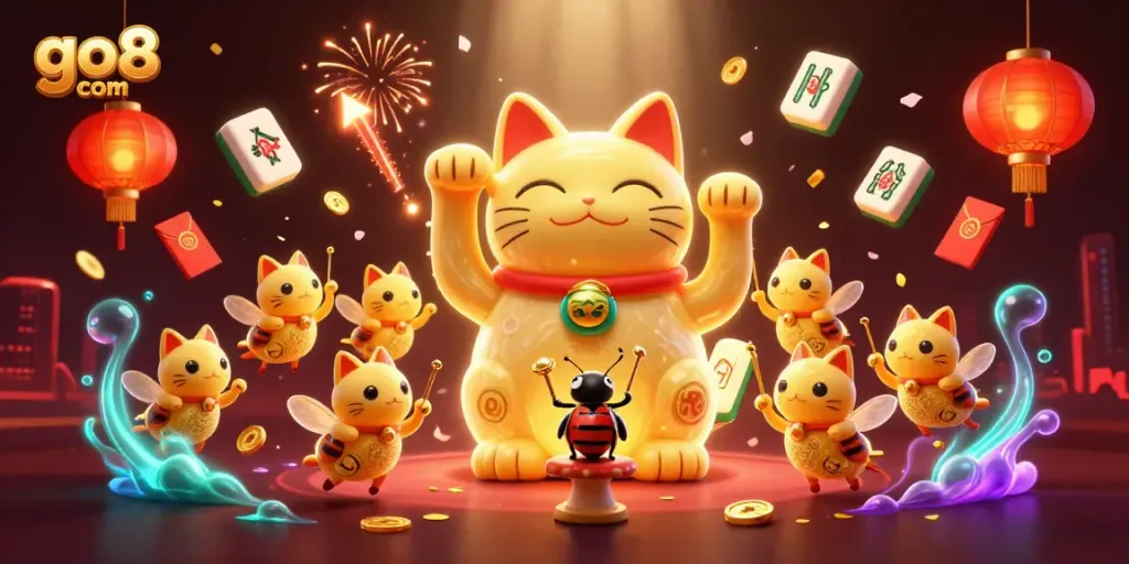 Engage in thrilling gameplay at go8 com with visual elements of a vibrant casino scene including lucky cats and golden symbols.