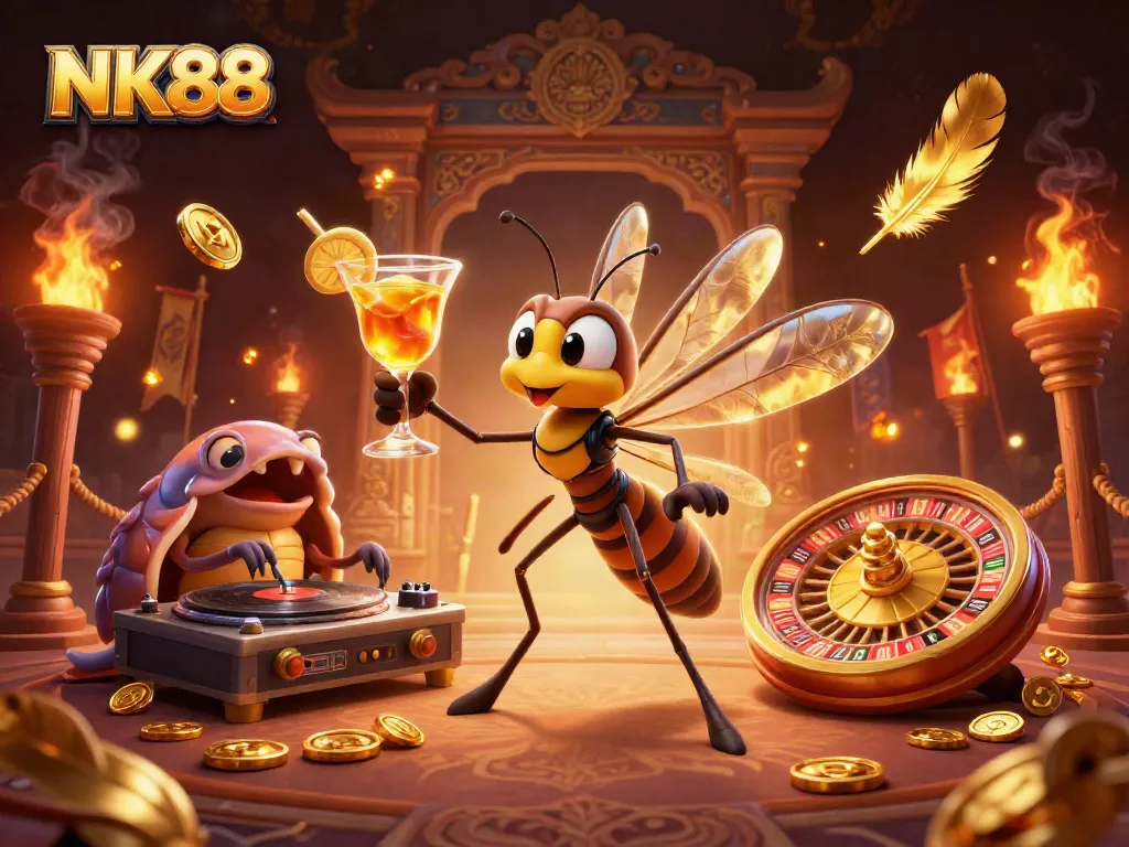 Engage in the exciting world of NK88 with a vibrant casino-themed illustration featuring epic characters.