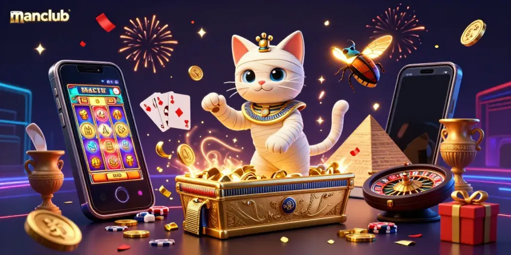 Experience the excitement of manclub with a vibrant scene of a mummy cat emerging in a pyramid casino.