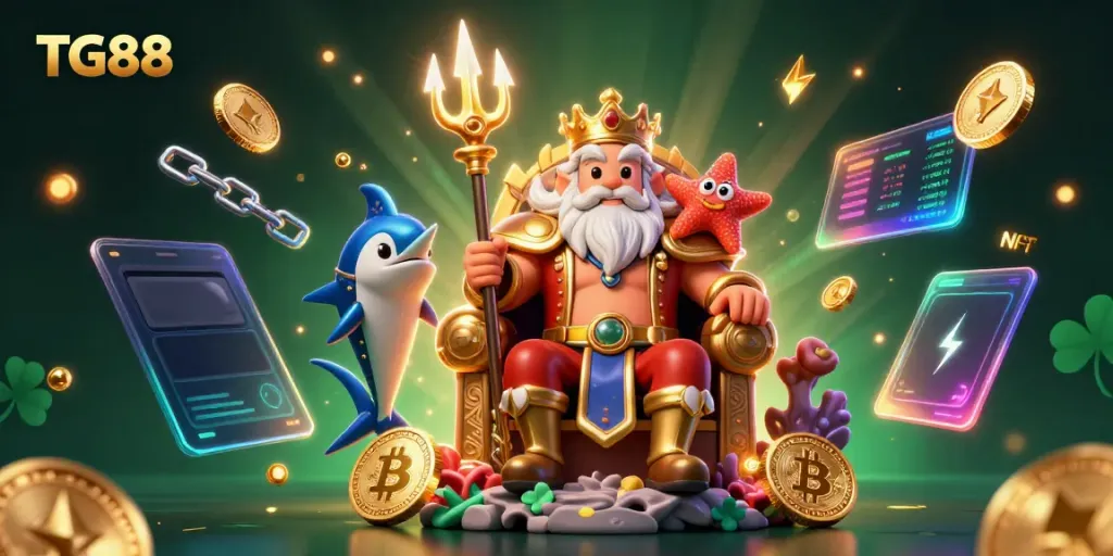 Engage with TG88 in a vibrant 3D casino scene featuring Neptune and a swordfish samurai amidst crypto elements.