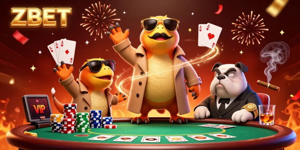 ZBET offers a playful scene with raptors attempting to enter a casino, featuring vibrant poker elements.