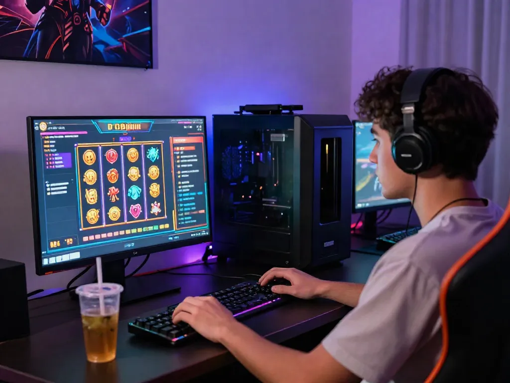 Engaged player enjoying slot gacor game in a colorful modern gaming setup.