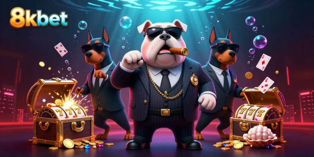 Engage with 8kbet's vibrant casino atmosphere featuring a mobster bulldog and his bodyguards amid dazzling gaming elements.
