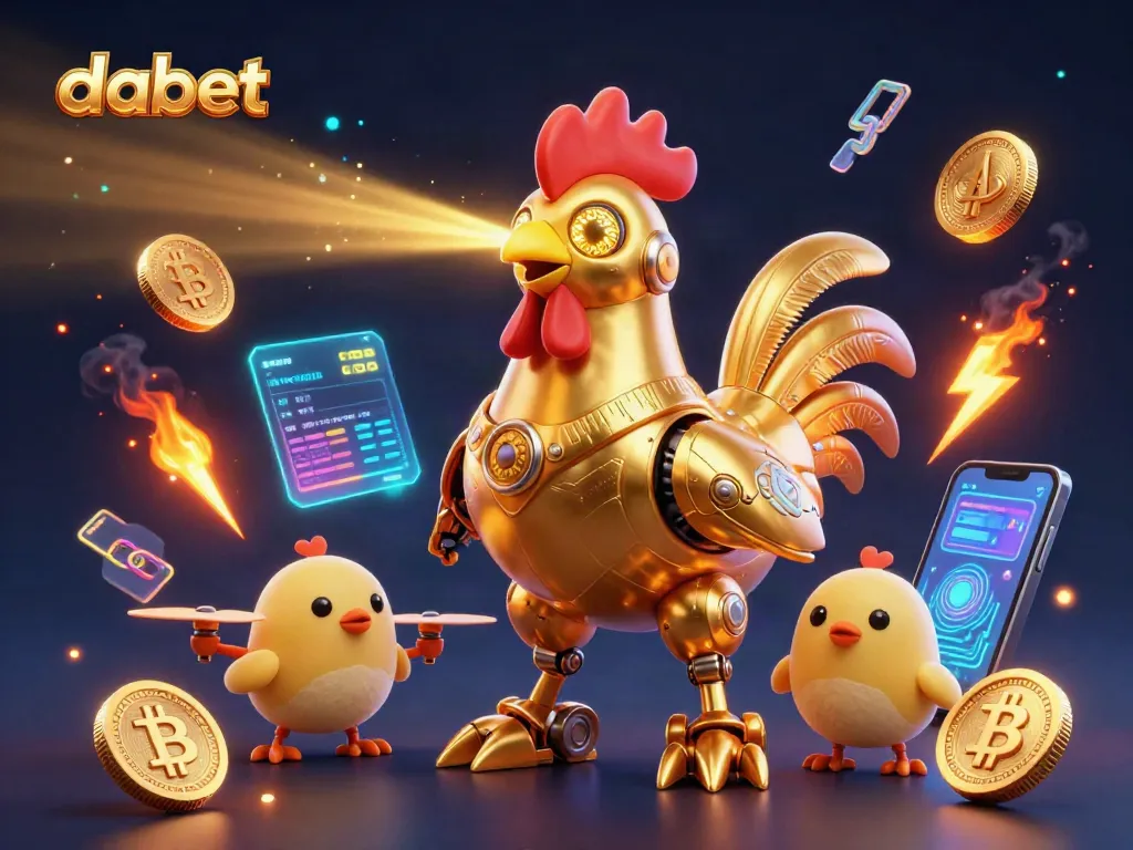 Experience exciting gameplay with dabet, featuring a golden rooster robot and crypto elements in a vibrant casino scene.