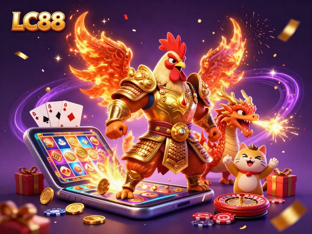 Engage with LC88 in this vibrant 3D illustration showcasing dynamic casino elements and characters.
