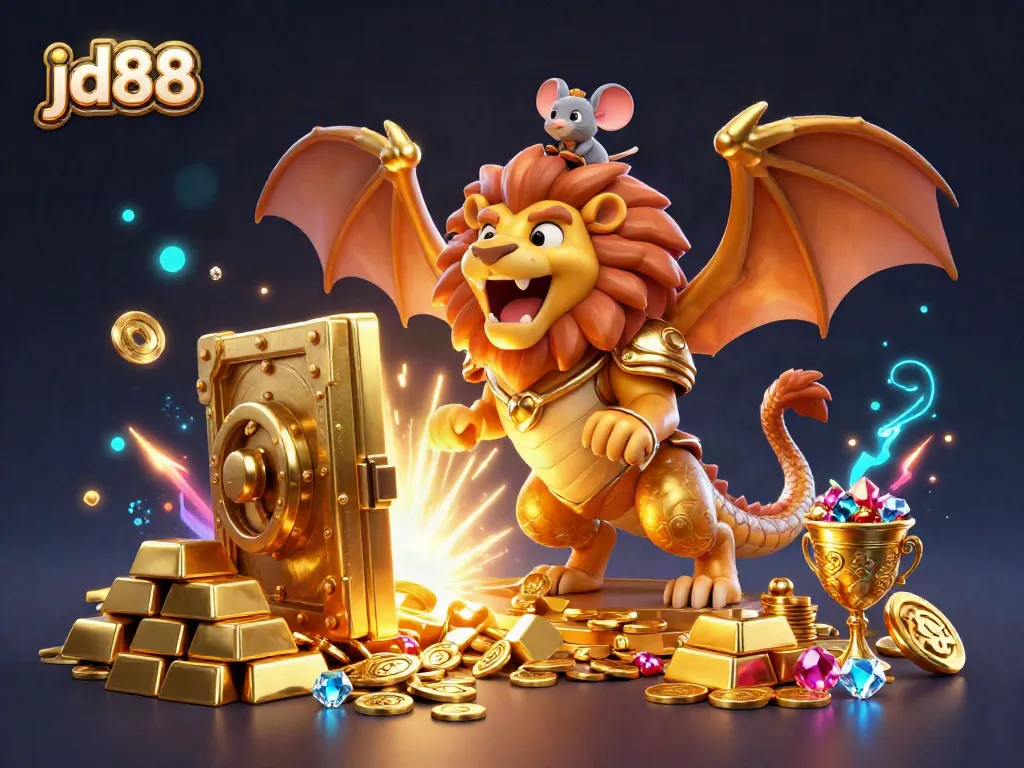 Experience the thrill of jd88 with a golden chimera and mouse jockey amid treasure and neon lights.
