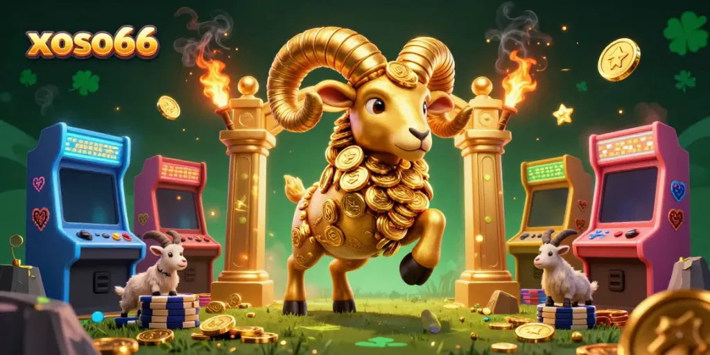 Experience thrilling gameplay at xoso66 with a golden ram charging amidst vibrant casino elements.