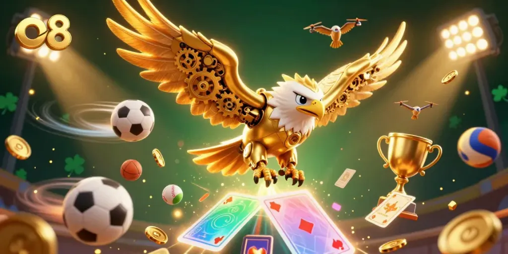 Bet on your chances with o8 in this vibrant casino illustration featuring a cybernetic eagle in action.