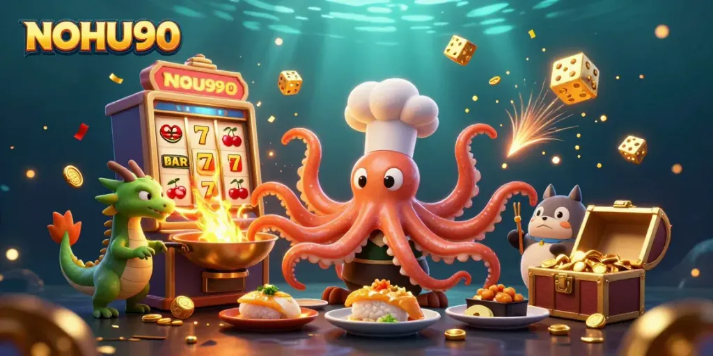 Engage with thrilling slots and jackpots at NOHU90 in a vibrant underwater casino scene.