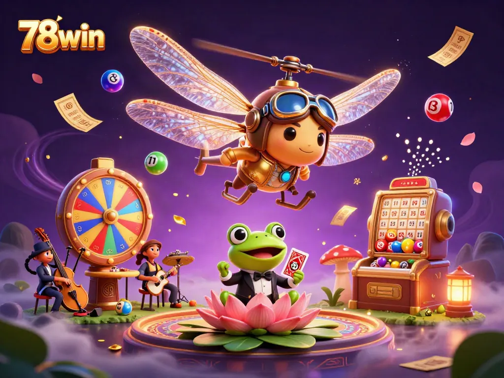 Experience the thrill of 78win with dynamic elements like lottery balls, a frog croupier, and rich casino visuals.