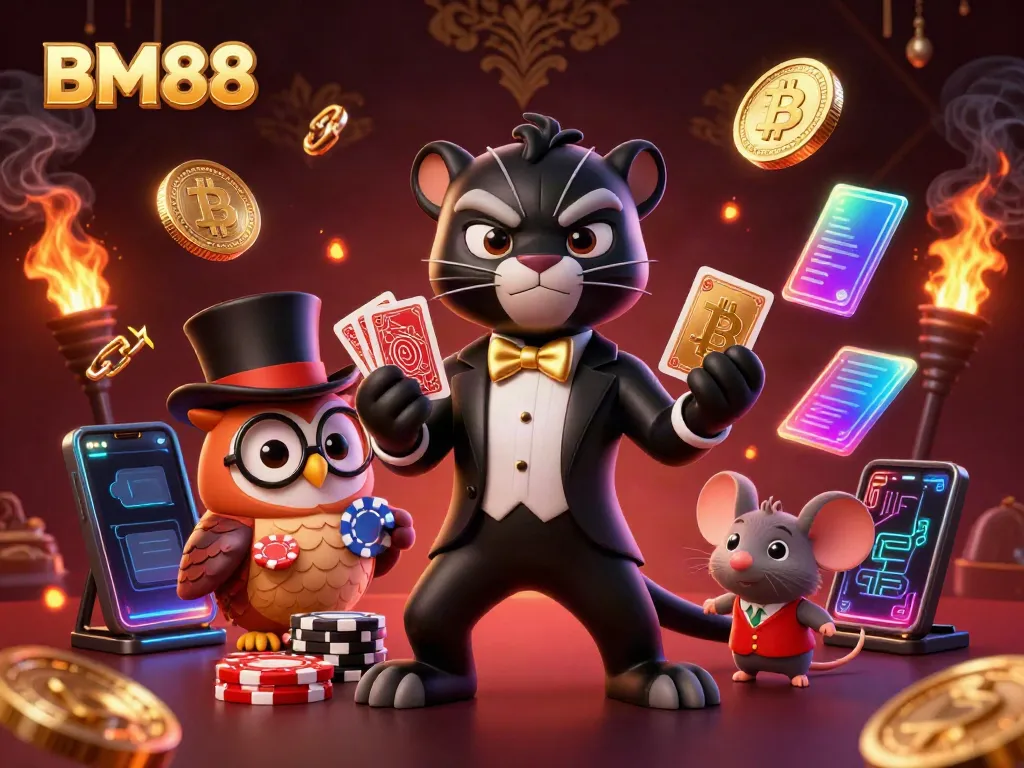 Engaging illustration depicting BM88 with casino elements and characters representing gambling excitement