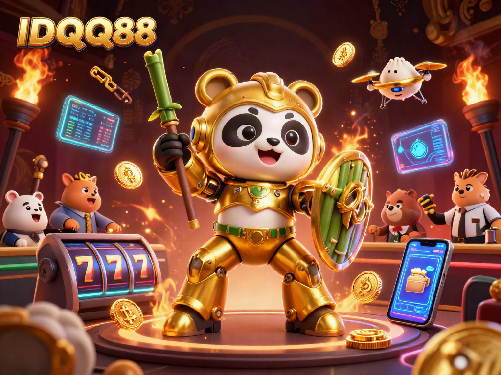 Experience the excitement of IDQQ88 with a mech-suit panda in a vibrant casino showdown.