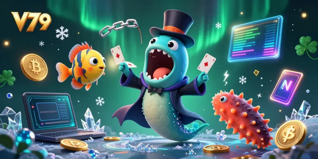 V79 tham gia trò chơi casino với hình ảnh 3D vui nhộn từ cá mập ánh đèn và cá đuối.
