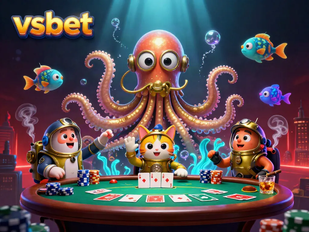 Experience exciting gameplay with vsbet featuring a kraken, diving cat, and poker chips in a treasure-filled scene.