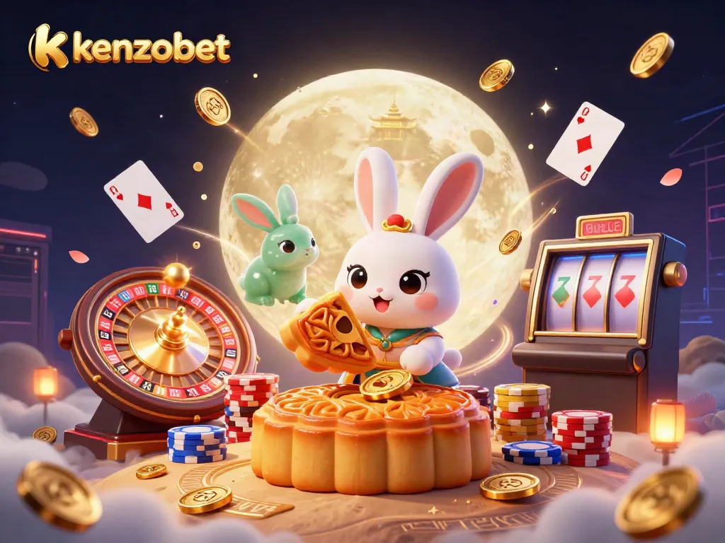 Experience thrilling gameplay with kenzobet through a vibrant digital illustration featuring casino elements and a magical moon theme.