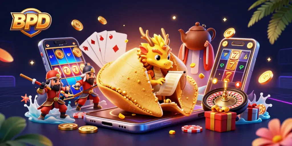 Spin and win at BPD-themed casino with a vibrant, golden fortune cookie and magical elements.