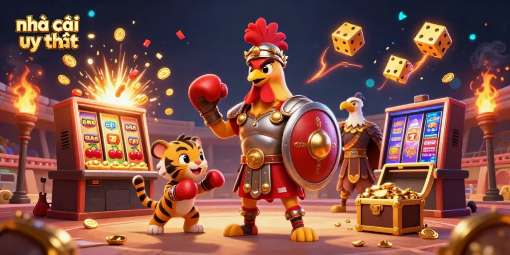 Experience the thrill of nhà cái uy tín with dynamic casino elements and a lively 3D illustration.