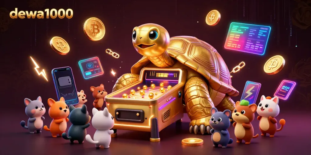 Dewa1000 features a golden tortoise pinball machine surrounded by vibrant crypto elements in an exciting gambling scene.