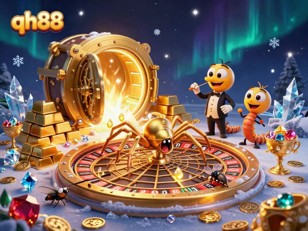 Engage with qh88 by placing bets in a dynamic casino scene filled with golden treasures and thrilling games.