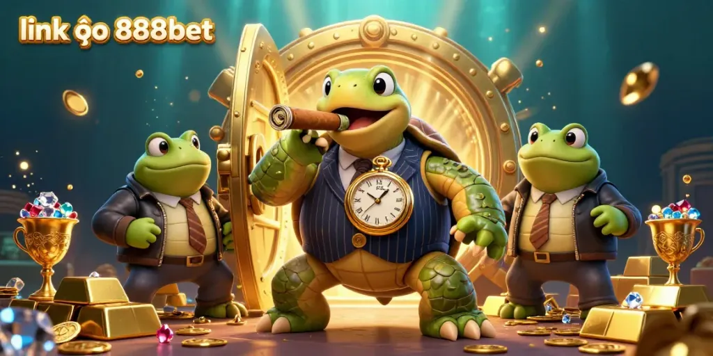 Experience the thrill at link vào 888bet with a vibrant scene of a snapping turtle in mobster attire surrounded by gold and gems.