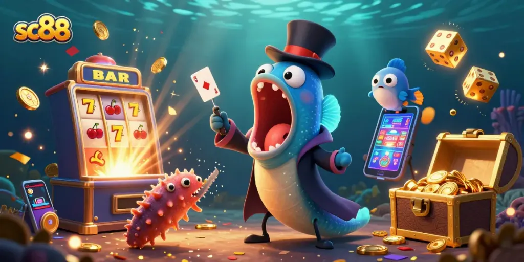 Experience thrilling jackpots with sc88 and vibrant casino gaming elements in a dynamic underwater scene.