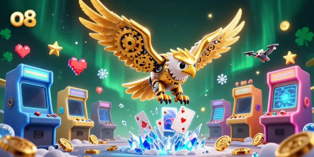 Immerse in thrilling gameplay with the o8 cybernetic eagle amid holographic cards and vibrant casino elements.