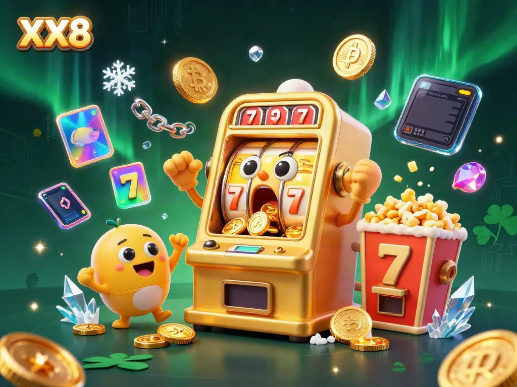 Experience the excitement of XX8 with a golden slot machine hitting the jackpot in a thrilling casino scene.