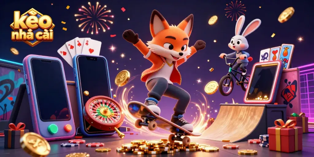 Experience exciting kèo nhà cái action with a cartoon fox and rabbit amidst vibrant casino elements.
