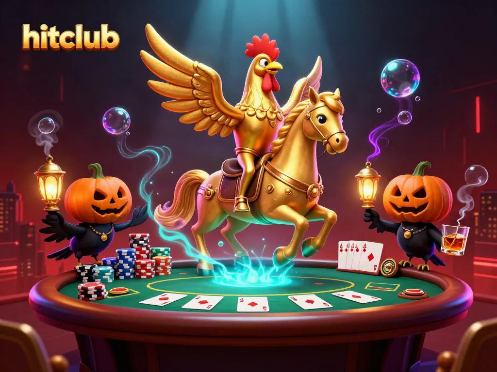 Engage with exciting hitclub casino action featuring golden rooster, poker elements, and vibrant energy.