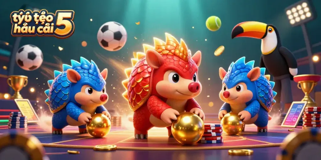 Dynamic scene of rival pangolins with gold coins and sports elements showcasing tỷ lệ kèo nhà cái 5.
