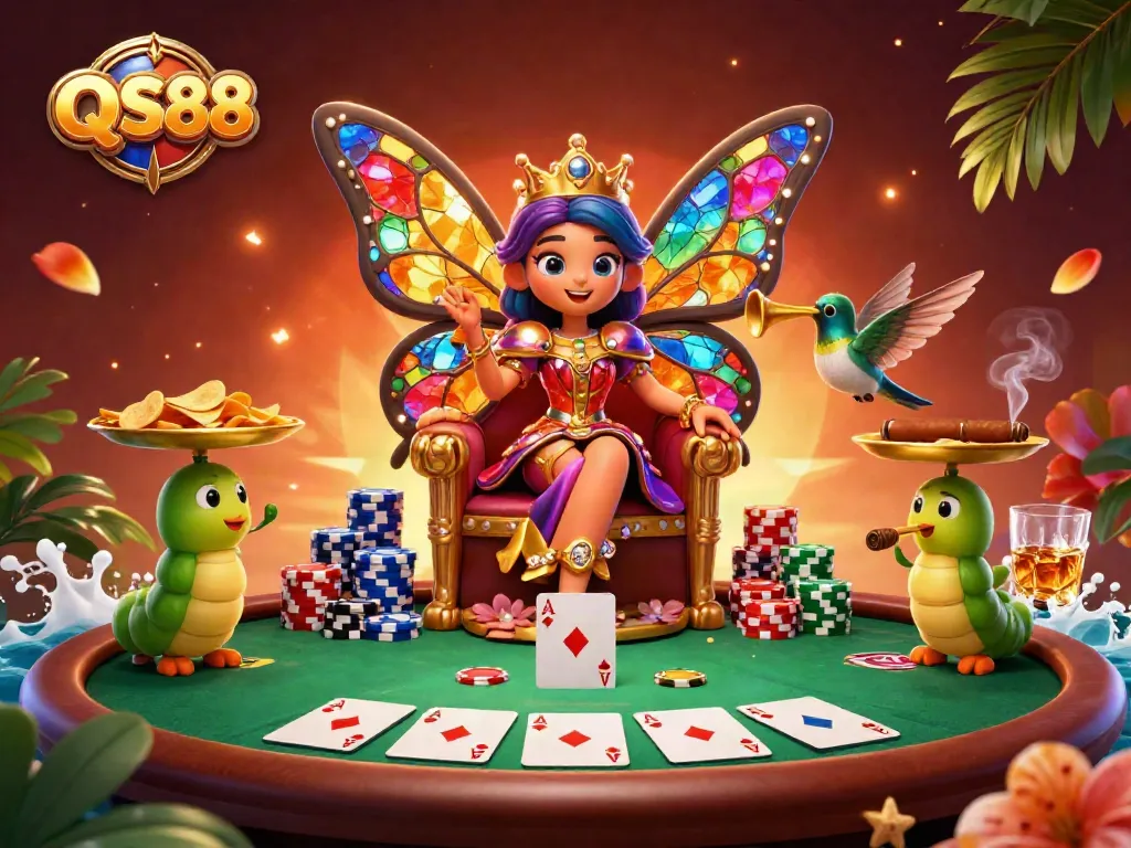 Experience the excitement of QS88 with a vibrant 3D casino scene featuring a butterfly queen and poker elements.