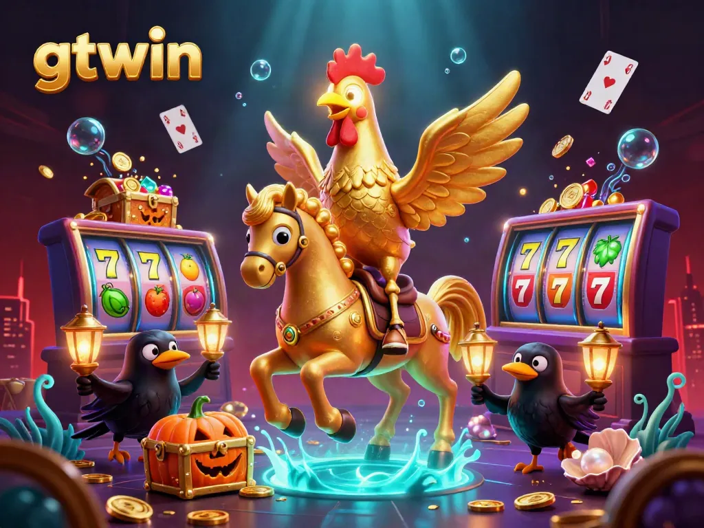 Experience the thrilling world of gtwin with a vibrant golden rooster and enchanting casino elements.