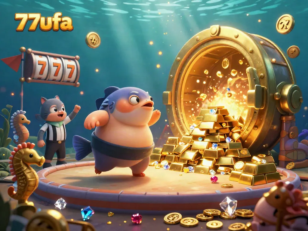 Experience exciting underwater gambling with 77ufa, where a whimsical fugu character brings fun to slot games.
