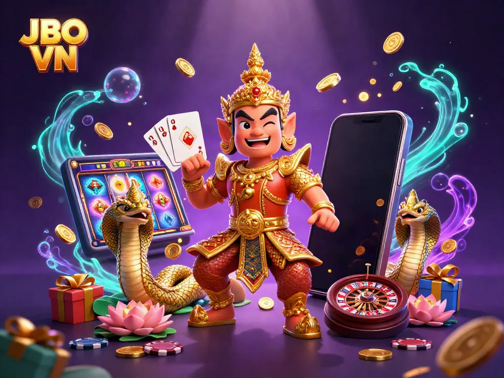 Experience JBO VN with thrilling slots and casino adventures depicted in a vibrant 3D scene.