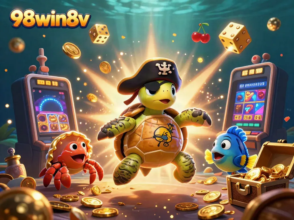 Experience adventure at 98win8v as pirate turtle and friends celebrate a casino jackpot!