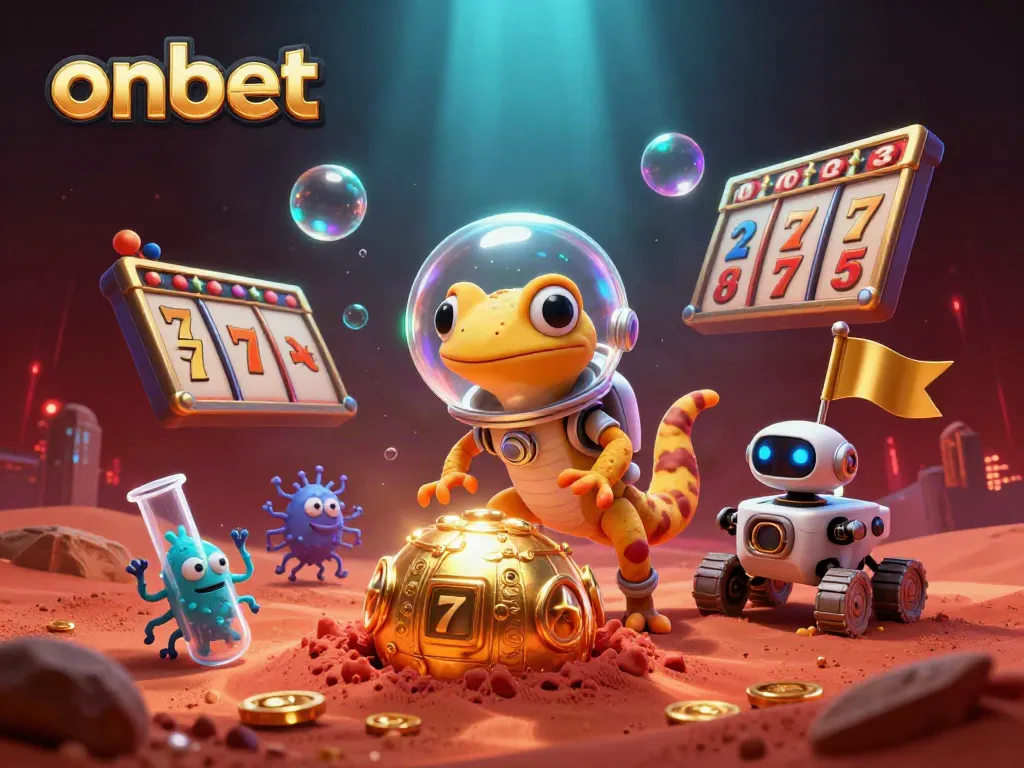 Win big at the onbet casino with Martian gecko characters discovering treasures.