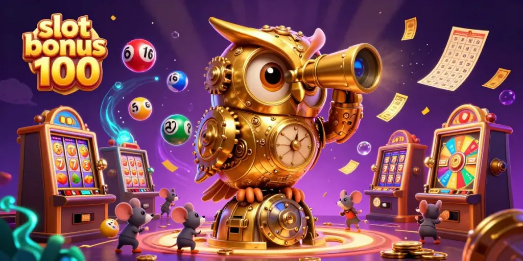 Experience the excitement of slot bonus 100 with golden owls and colorful casino elements in action.