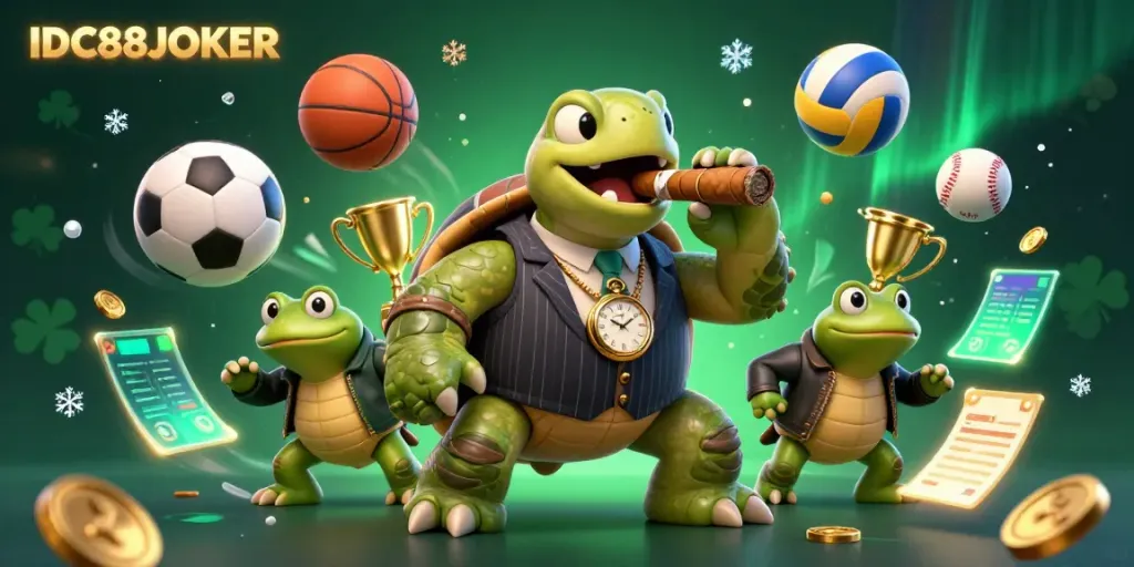 Engage with IDC88JOKER’s thrilling world of sports betting with a 3D cartoon snapping turtle and bullfrog enforcers.