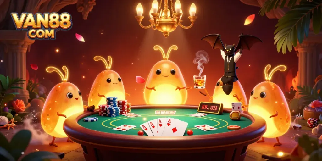 Get ready to play at VAN88 COM with vibrant glowworms lighting this exciting 3D casino scene.